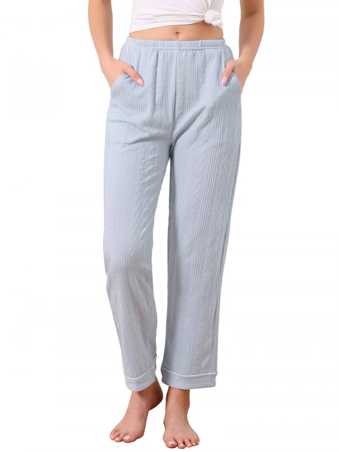 cheibear レディース パジャマパンツ コットンニット リブ編み 伸縮性ウエスト ストレートレッグ ポケット付き ラウンジウェア カジュアル ホーム ブル...