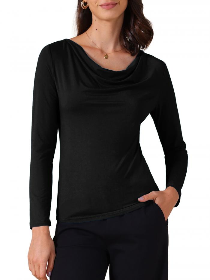 Allegra K レディース カウルネック 長袖 フィット アンダーシャツ トップ ソフトTシャツ ブラック M