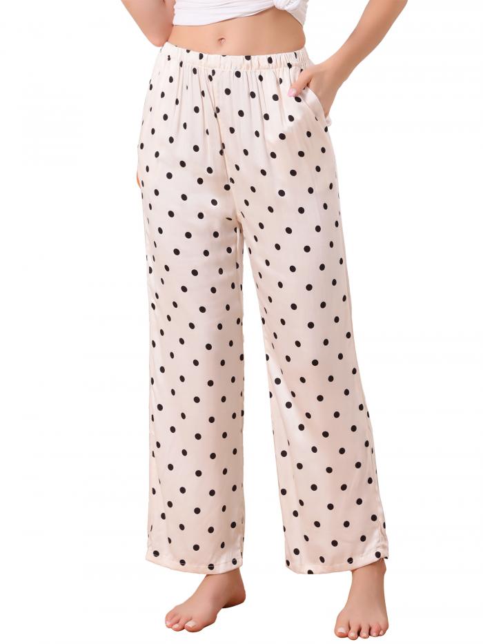 cheibear レディース ラウンジパンツ 花柄 ドット柄 ワイドレッグパンツ 伸縮性ウエスト ポケット付き スリープナイトウェア パジャマ ドット S