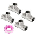 4個304ステンレス鋼Tパイプ継手G3/8"女性Tアダプター3ウェイT字型鋳造パイプ継手コネクター 配管排水管暖房システム用シールテープ付き