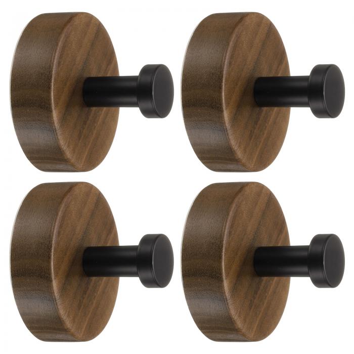 木製壁掛け用セルフアドヘーシブフック4個セット ヘビーデューティーフック 寝室 キッチン バスルーム コート ローブ用 黒（ラウンド）