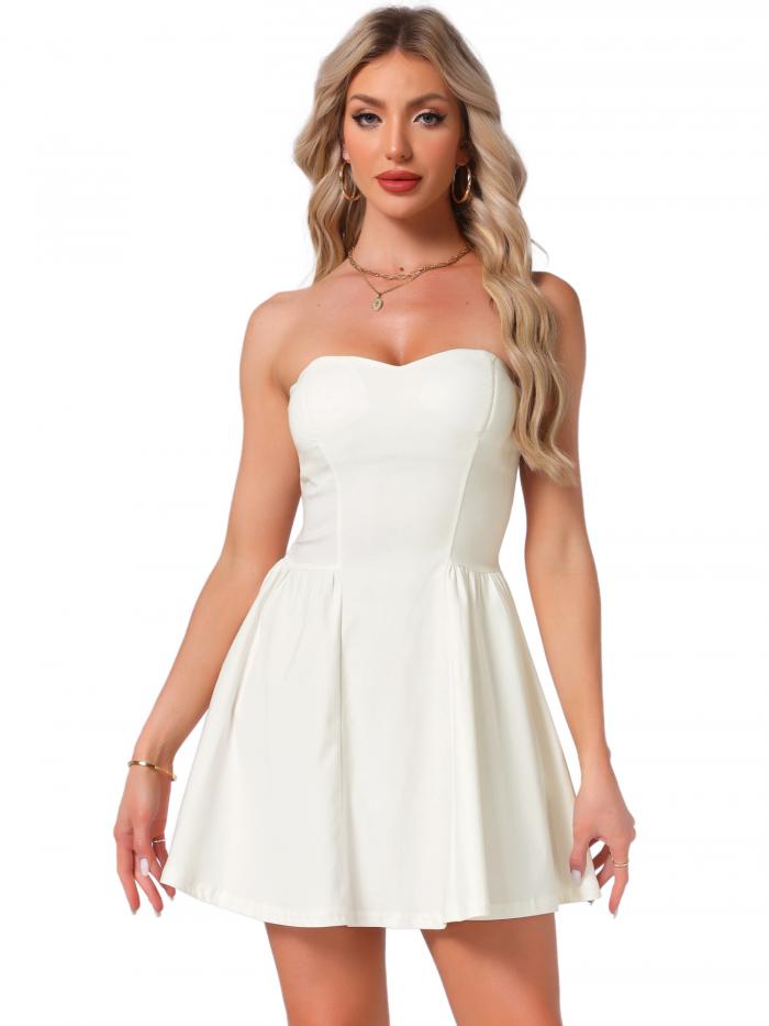 Allegra K チューブトップドレス ミニ フリル パーティー ストラップレス ジッパー 無地 レディース クリームホワイト XL