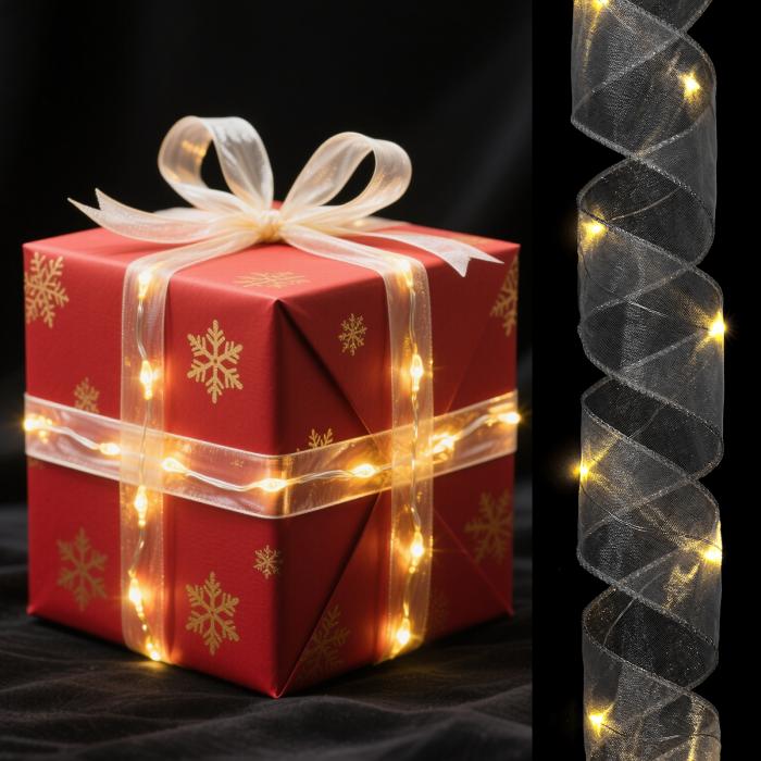LEDライト銅線リボン 3.28フィートリボンボウライトバッテリー式クリスマスツリーデコレーションストリ..