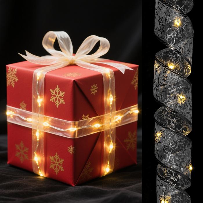 LEDライト銅線リボン 3.28フィートリボンボウライトバッテリー式クリスマスツリーデコレーションストリ..
