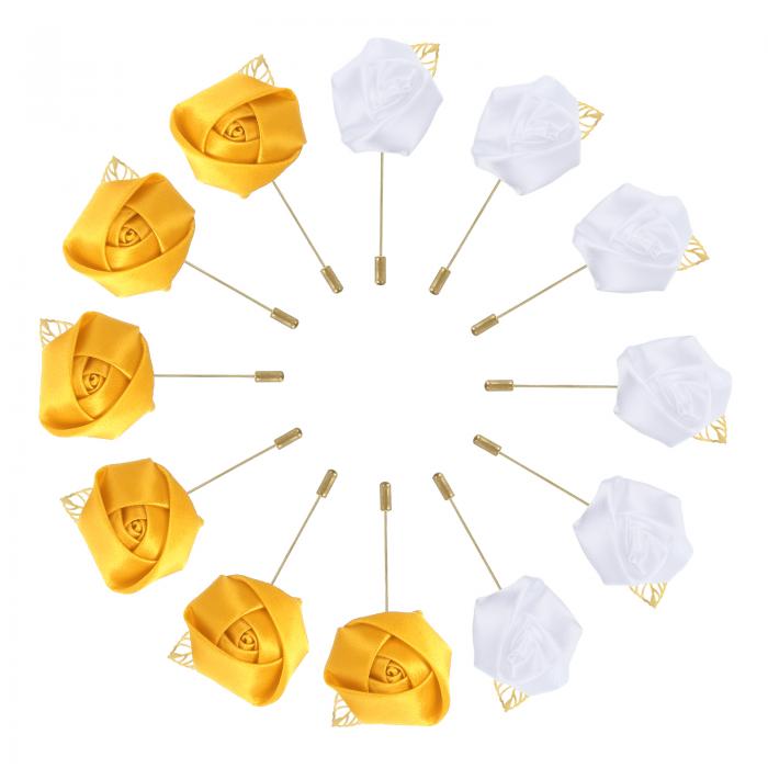 12個 新郎ブートニアローズブートニアピンメンズウェディングセレモニーアニバーサリーフォーマルディナーパーティーイエロー/ホワイト