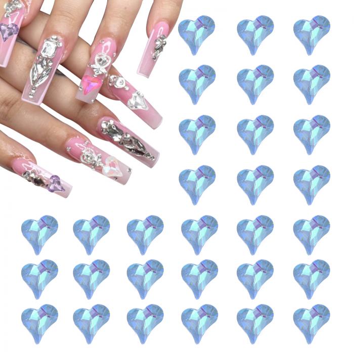 50個3Dハートネイル装飾水晶ネイルジェム8x9mmクルックドハート形状アートラインストーン装飾バレンタインデーDIY装飾用 リッチブルー