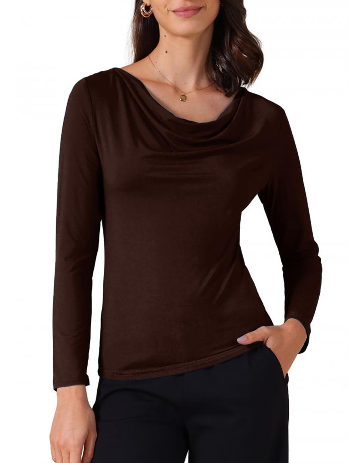 Allegra K レディース カウルネック 長袖 フィット アンダーシャツ トップ ソフトTシャツ コーヒーブラウン XS