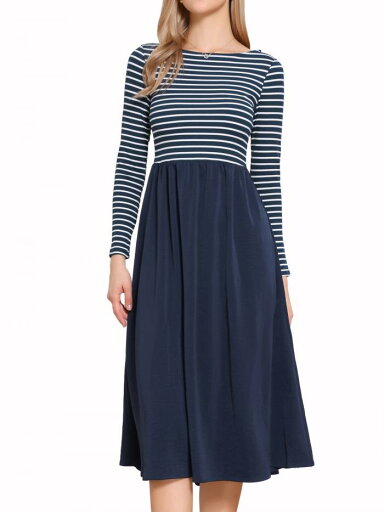 Allegra K レディース クルーネック ドレス ストライプ パッチワーク 長袖 Aライン カジュアル ミディドレス ネイビーブルー XS Allegra K レディース クルーネック ドレス ストライプ パッチワーク 長袖 Aライン カジュアル ミディドレス ネイビーブルー XS