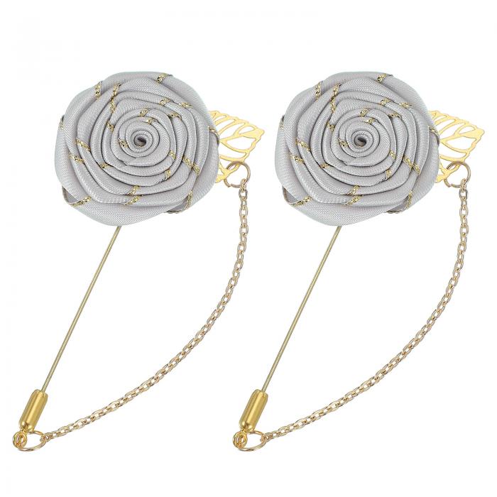 メンズスーツ用ローズラ ペルピン2個セット クロスフラワーブローチ 金色リーフ/チェーン付き スーツアクセサリー 新郎ウェディング シルバーグレー