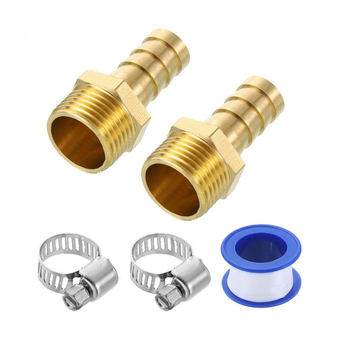 真鍮ホースバーブフィッティング2個 3/8"バーブ×G3/8"メススレッドホースコネクター ホースクランプ付..