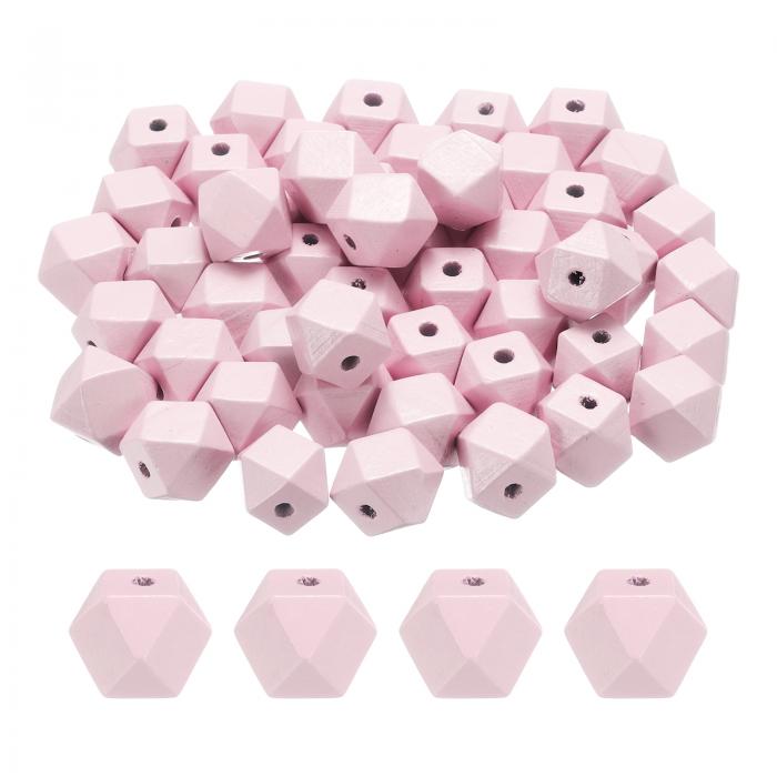 50個 16mm ライトピンク ジオメトリック ウッドビーズ 3.3 mm 大穴 ポリゴン 木製 ルーズ スペーサービ..