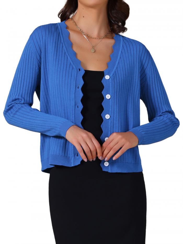 Allegra K レディース 長袖 Vネック カーディガン 軽量 ボタンダウン カジュアル ニット シュラッグ セ..