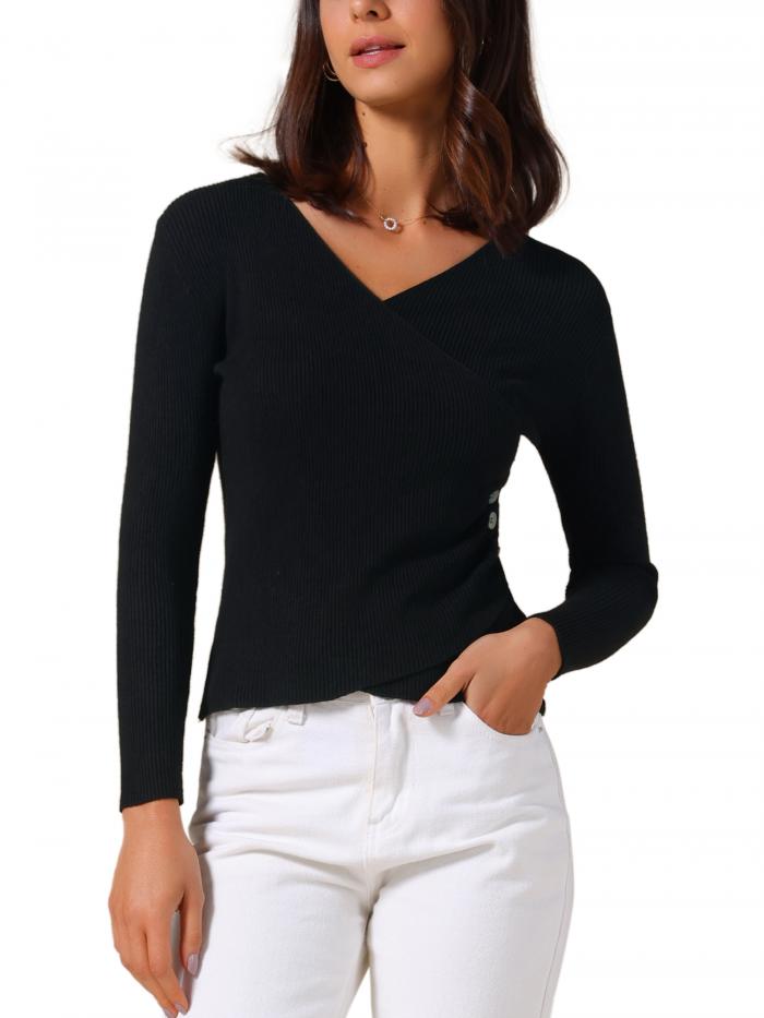 Allegra K レディース Vネック ニットセーター ルーシュボタン 長袖 クロスラップ セクシー スリムフィット トップス ブラック M