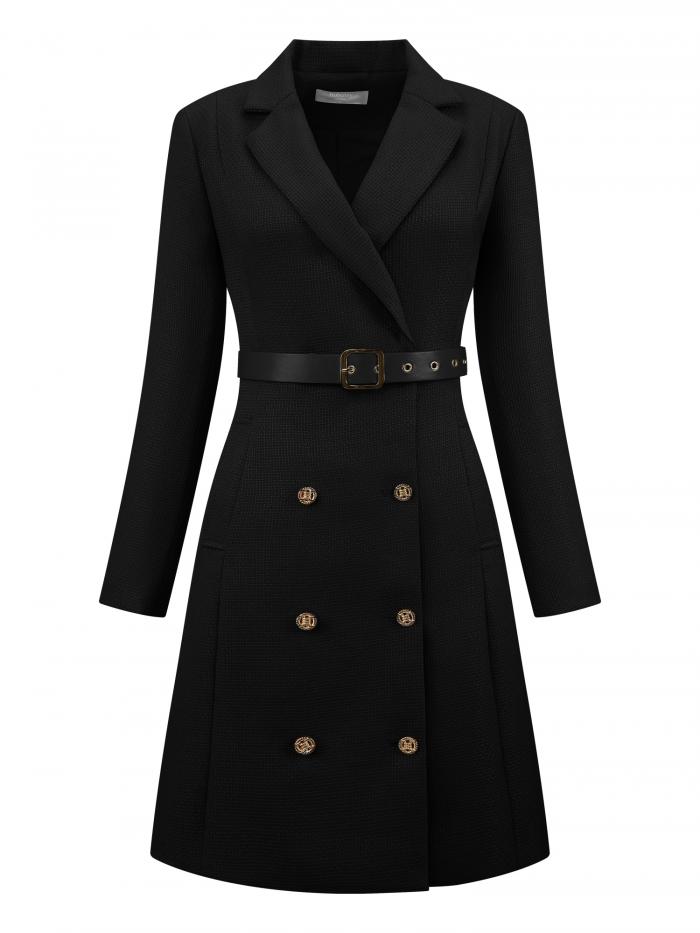 レディース ツイードドレス ダブルブレスト 長袖 ブレザードレス ベルト付き 薄手アウタージャケット ブラック M