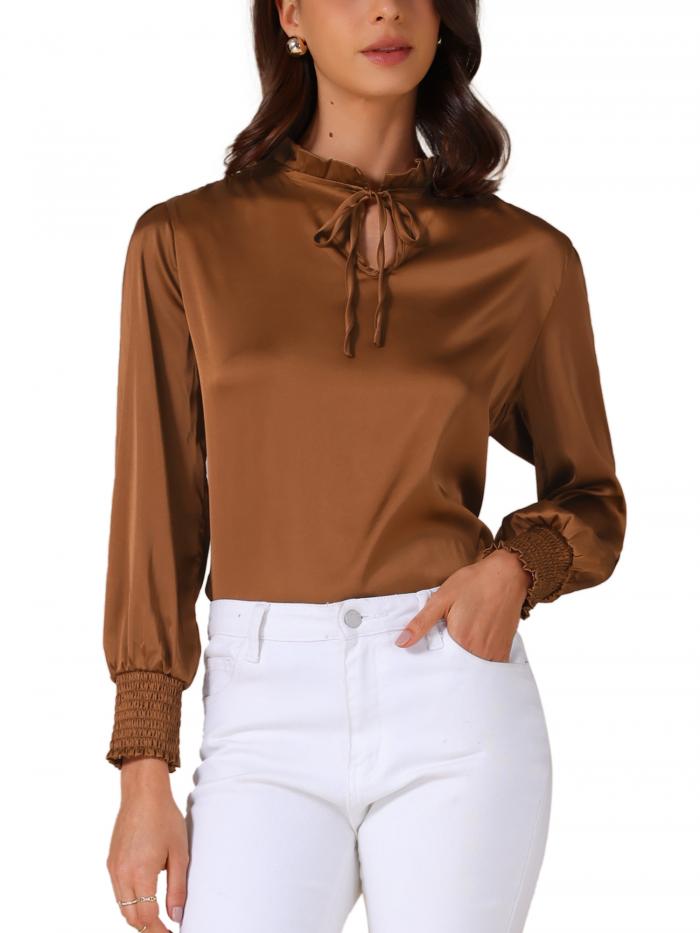 Allegra K レディース サテン トップス パフスリープ 長袖 ブラウス モックネック ドレッシー リボン カジュアル ビジネス ワークシャツ フリルトリム ダークブラウン XS