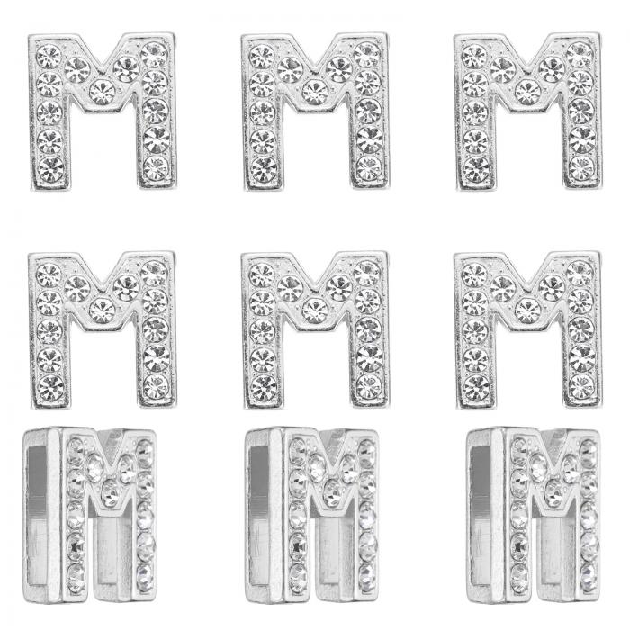 PATIKIL 30個のレター装飾、ラインストーンレターm装飾水晶アルファベットスライドリストバンドペンダント、宝石メイキングレザーカラーネックレス用、シルバー、14mm