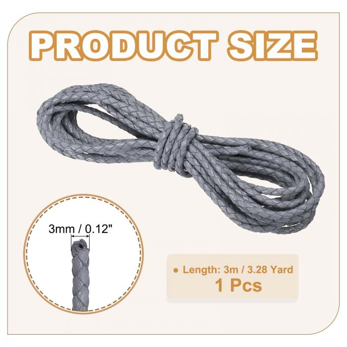 PATIKIL 丸編みの革コード、3 mm丸編みの革コードロープ、クラフト宝石作り、ネックレス、ブレスレット用、ライトグレー（3ヤード） 3