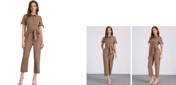Allegra K ジャンプスーツ ボタンアップ タイウエストポケット付き ターンダウンカラー レディース コーヒー色 L