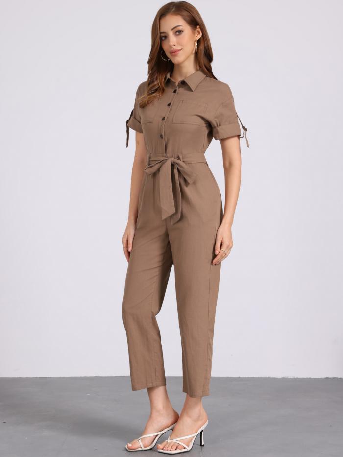 Allegra K ジャンプスーツ ボタンアップ タイウエストポケット付き ターンダウンカラー レディース コーヒー色 L