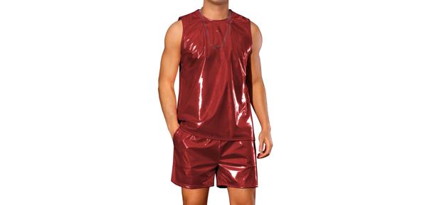 Lars Amadeus ホログラフィックタンクトップとショーツセット メンズ パーティー ディスコ メタリック 2ピース 衣装 レッド S