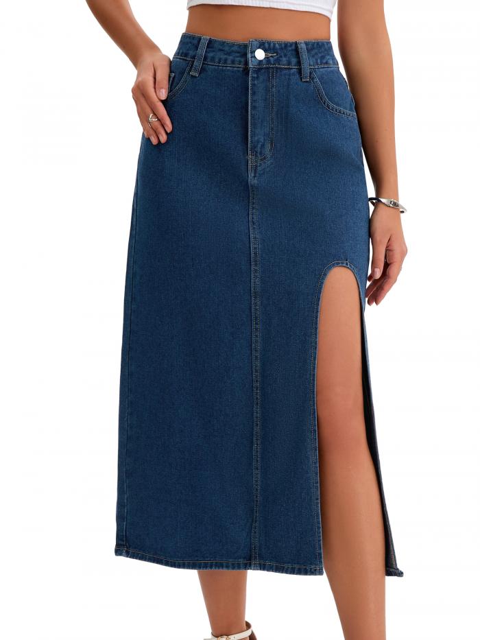 CIMUK レディース ジーンズスカート スリット ハイウエスト Aライン 太ももスリット ミディ デニムスカート ネイビーブルー L