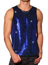 Lars Amadeus メンズ トップス メタリック ノースリーブ Tシャツ スパンコール タンクトップ シャイニー ベスト ナイトクラブ パーティー ブルー M