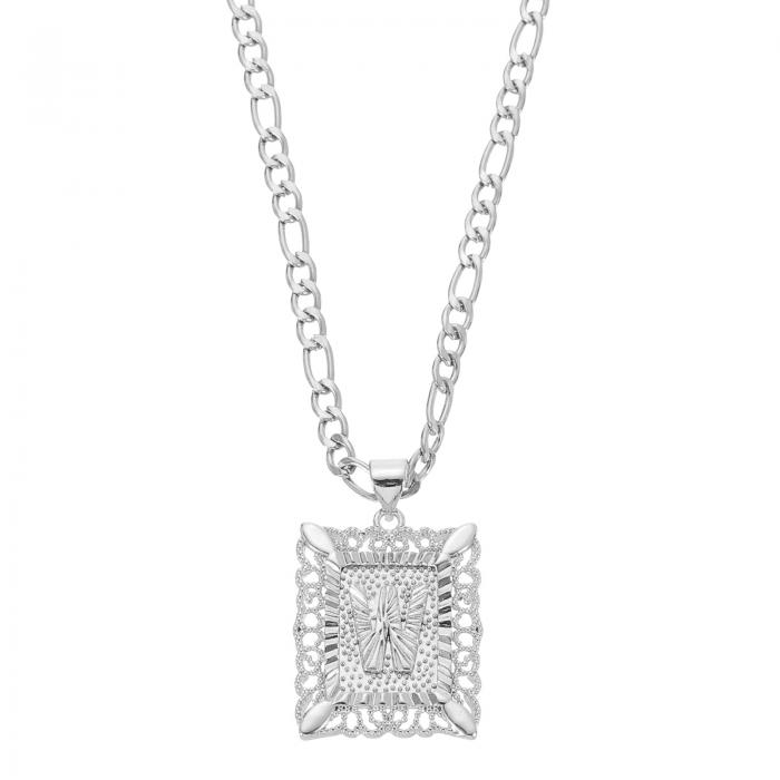 男性女性用のイニシャルペンダントネックレス 20"ステンレススチールメッキ四角形キャピタルアルファベットペンダントチェーンネックレス（シルバー 文字W）