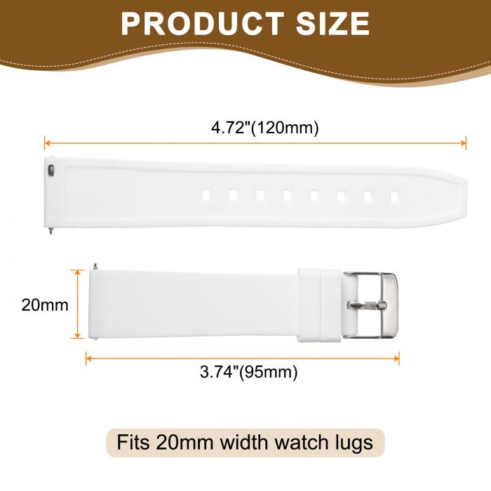 20mm シリコンウォッチバンド クイックリリース 柔軟で柔らかいラバーウォッチストラップ ステンレススチール シルバークラ スプ付き メンズ・レディース用 ホワイト