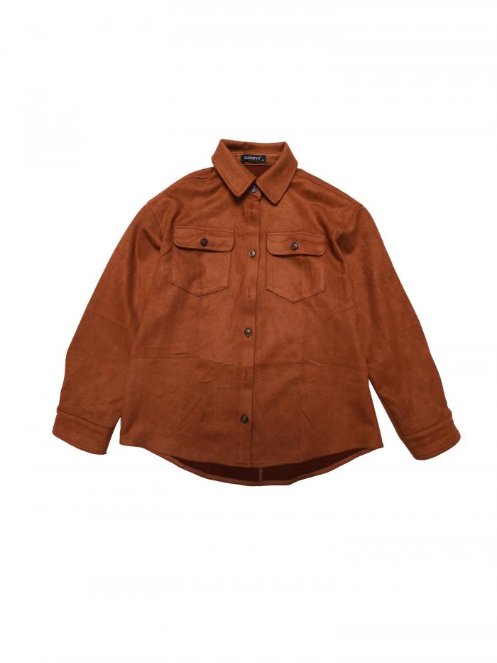 Allegra K レディース フェイクスエードジャケット ターンダウンカラー 長袖 カジュアル ボタンダウンシャツ トップス ブラウン L