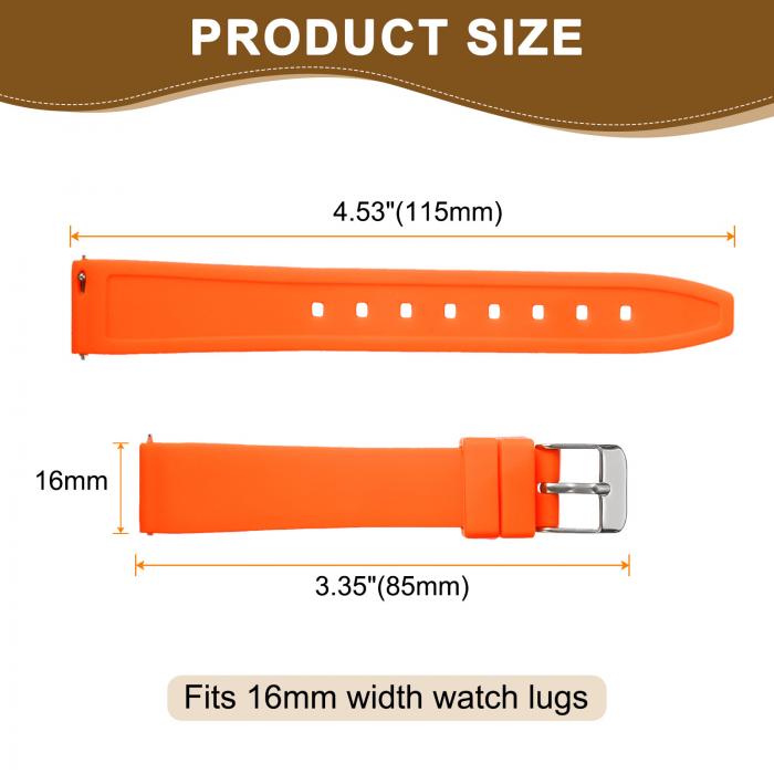 16mm クイックリリースフレキシブルで柔らかいシリコンウォッチバンド ステンレススチール シルバークラ スプ付き交換用リストバンド 男性用女性用 オレンジ