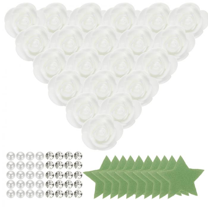 500個 フォームローズヘッド 1.4インチ 人工バルク無茎フォームフェイクフラワー 葉 パール ダイヤモンド付き DIYクラフトアクセサリー ウェディングブーケ ホームデコレーション ホワイト
