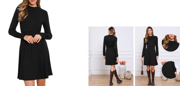 Allegra K レディース 着痩せ ハイウエスト 2025 クルーネック リブニット Aライン セータードレス 長袖 カジュアルワンピース ブラック S