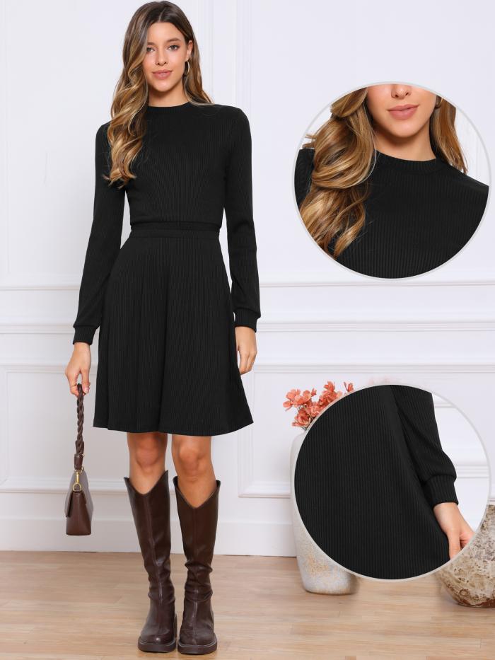 Allegra K レディース 着痩せ ハイウエスト 2025 クルーネック リブニット Aライン セータードレス 長袖 カジュアルワンピース ブラック S