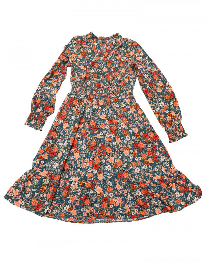 Allegra K レディース 長袖 Vネック 花柄 スモック ハイウエスト ラッフル Aライン 膝丈 ドレス ワンピース カジュアル グリーンオレンジ M