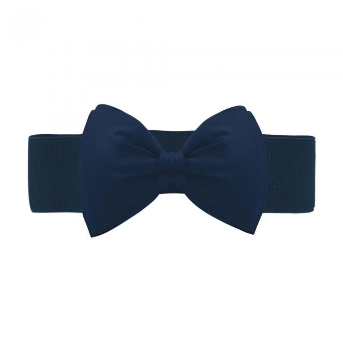 レディース 太ベルト 飾りベルト 太ゴムベルト 伸縮性 蝶結び付き ネイビーブルー