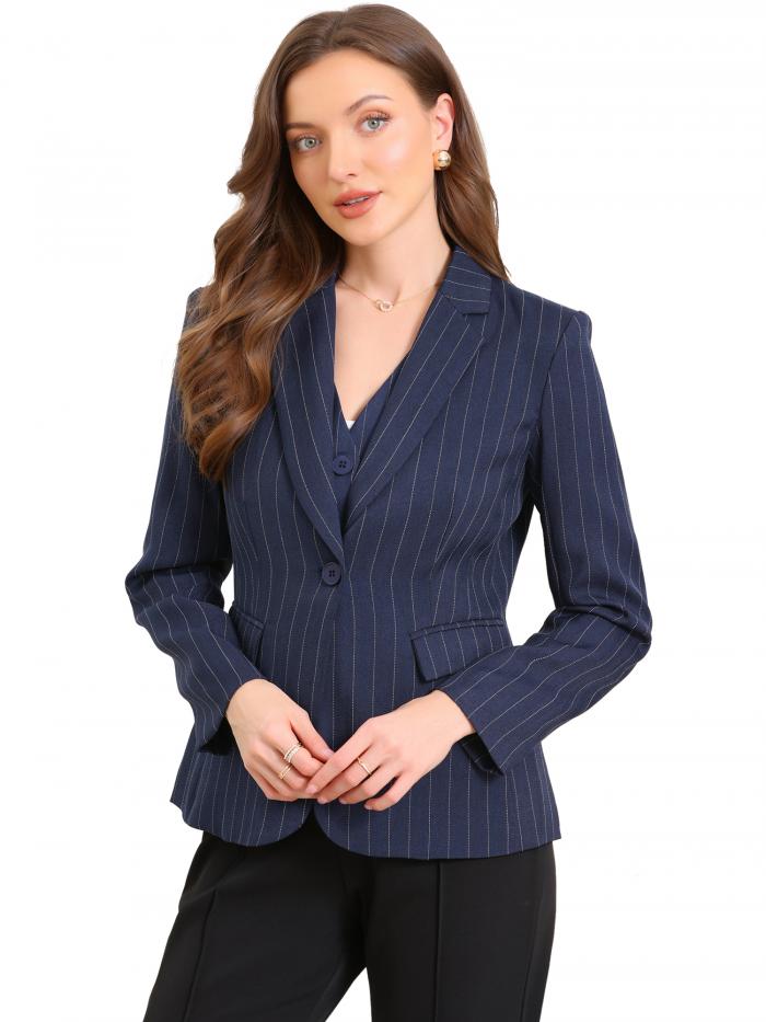 Allegra K レディース ストライプブレザー ノッチドラペル ワンボタン 長袖 ワークオフィススーツジャケット ビジネスウェア トップス ネイビーブルー S(4)