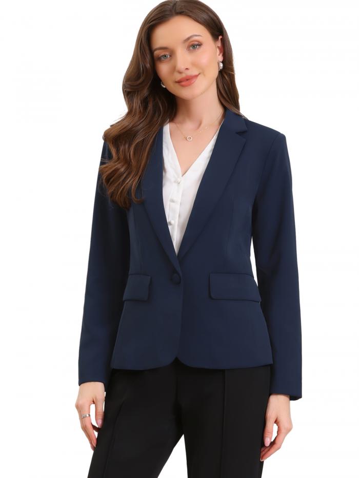 Allegra K レディース ビジネスカジュアルブレザー 長袖 ワンボタン フロントワーク オフィススーツジャケット 肩パッド付き ディープブルー XL(4)