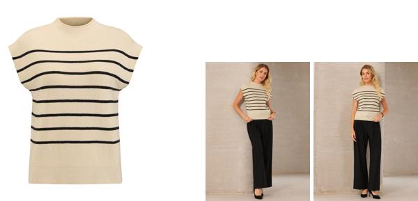 Hobemty レディース キャップスリーブ セーターベスト モックネック ストライププリント カジュアル リブニット プルオーバー トップス ベージュ XL