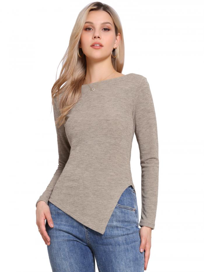 Allegra K レディース 長袖ニットトップス ボートネック 秋冬 不規則な裾 長袖 カジュアル プルオーバ..