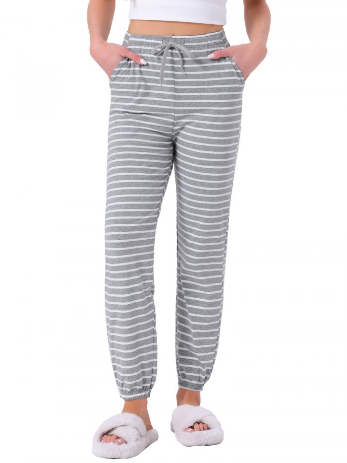 cheibear レディース コットンパジャマパンツ ドローストリング 伸縮性ウエスト ストライプ ラウンジ ヨガ ボトムス ポケット付き グレーストライプ X...