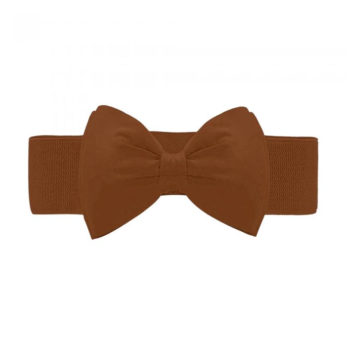 レディース 太ベルト 飾りベルト 太ゴムベルト 伸縮性 蝶結び付き イエローブラウン