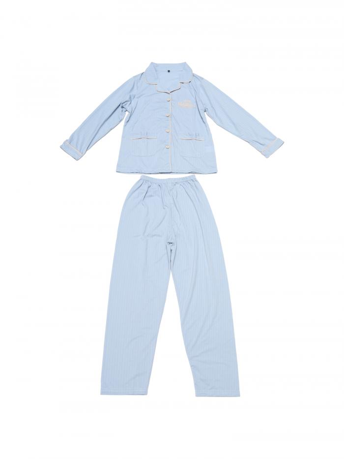 cheibear レディース ラウンジセット コットン リブ ボタンアップ 長袖パンツ パターン ポケット付き ..