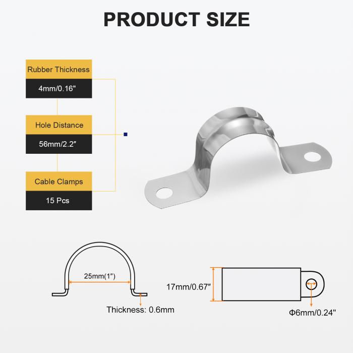 15個25mm（1"）ケーブルクランプ 304ステンレス鋼被覆クッション付き絶縁ケーブルクランプ2穴U字管ストラップクランプ ラインパイプホースワイヤーコード取り付け用 シルバー