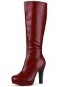 Allegra K ニーハイブーツ チャンキーヒール ラウンドトゥ プラットフォーム レディース ブルゴーニュ 24.5cm