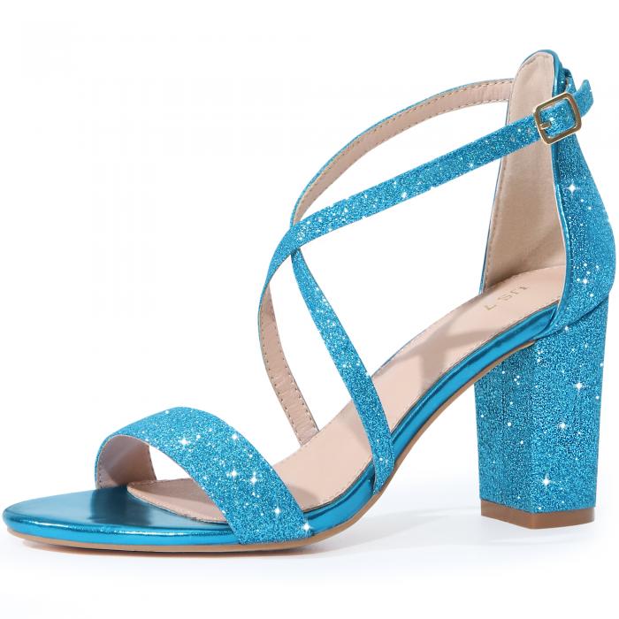 Allegra K サンダル スパンコール 光沢 ストラップ ブロックヒール オープントゥ レディース レイクブルー 23.5cm