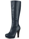 Allegra K ニーハイブーツ チャンキーヒール ラウンドトゥ プラットフォーム レディース ネイビーブルー 23.5cm