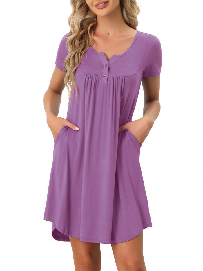 cheibear ルームワンピース パジャマ 夏用 半袖 ポケット付き 無地 ラウンジ ネグリジェ 膝丈 レディース グレーパープル M