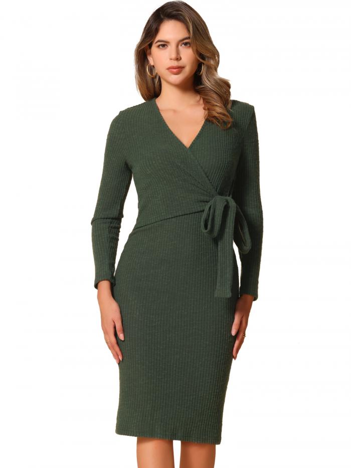 Allegra K レディース ラップ Vネック ドレス 長袖 タイウエスト シース カジュアル 秋 ミディドレス グリーン XL