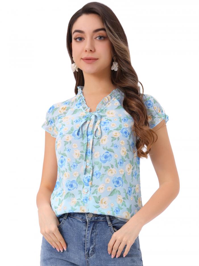 Allegra K 花柄 シフォンブラウス トップス フリル ラグラン袖 ボウタイ レディース スカイブルー M