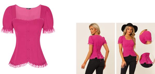 Allegra K カジュアルブラウス 半袖シャツ レーストップス ボタン ハートネック パフスリーブ ゴシック レディース ホットピンク M